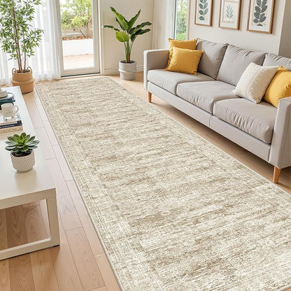 Washable Runner Rug 2.5x12, Non-Slip Long Bathroom Rugs Runner for Kitchen, Living Room, Bedroom, Soft Vintage Washable Rug for Entryway, Thin Floor Mat for Dining Room(2.5'x12', Brown/Ivory)