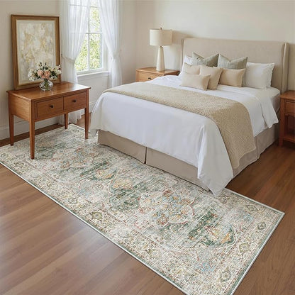 Madane Runner Rug 2'6''x8' Kitchen Runner, Hallway Runner Printed Vintage Washable Rugs Soft Non-Slip Low Pile Runners for Hallways Laundry Room Rug Distressed Rug, Green