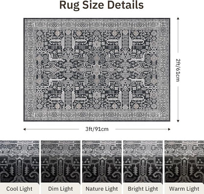 Washable 2x3 Entryway Area Rug - Small Non Slip Vintage Kitchen Runner Rugs Indoor Entrance Soft Neutral Stain Resistant Bathroom Mat Farmhouse Carpet for Bedroom Living Room Entry Laundry 2'x3' Black