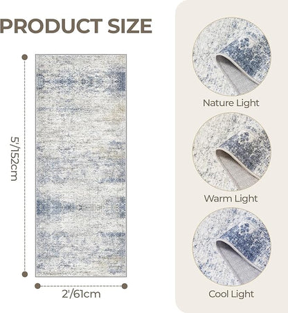 2x5 Rug Runner Washable for Entryway, Soft Bathroom Rugs with Non-Slip Backing, Abstract Low Pile Hallway Runner, Vintage Small Kitchen Carpet for Laundry Room(2'x5', Blue/Brown/Ivory)