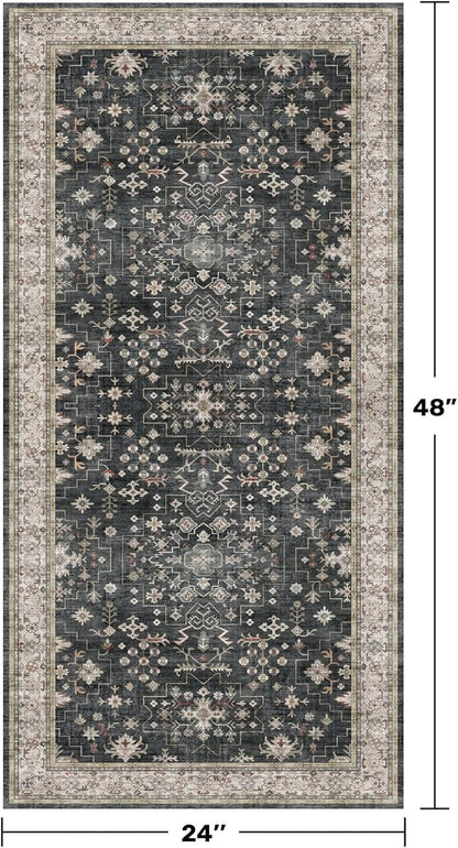 2x4 Entryway Runner Rugs, Small Runners for Kitchen, Door Mat Indoor Entrance, Bathroom, Non-Slip Low-Pile Washable Stain Resistant, Vintage Ashen Charcoal Floral Decor (Ashen/Multi)