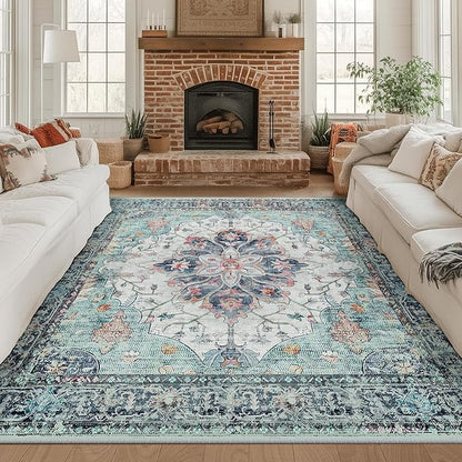 Area Rugs Square 8ft Washable Non-Slip, Floral Vintage Distress Print Pattern Medallion Carpet for Living Room Bedroom Dining Room, Green Navy Blue White Red Teal Colorful