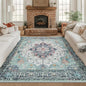 Area Rugs Square 8ft Washable Non-Slip, Floral Vintage Distress Print Pattern Medallion Carpet for Living Room Bedroom Dining Room, Green Navy Blue White Red Teal Colorful