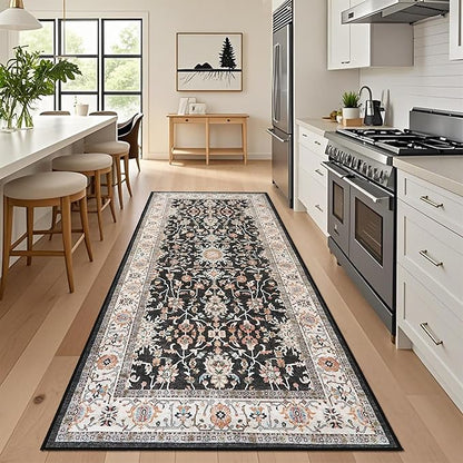 TOPRUUG Washable 4x8 Runner Rug: Vintage Non-Slip Hallway Runner Rug Durable Ultra Soft Kitchen Rugs Stain Resistant Low-Pile Non Skid Floor Carpet for Living Room Bedroom Home Decor (Black, 4X8)