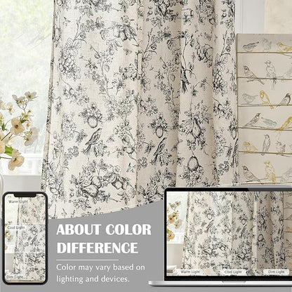 jinchan Linen Floral Curtains for Living Room 96 Inch Length Black Printed Flower Light Filtering French Country Curtain Farmhouse Cottage Core Toile Curtains Back Tab Window Drapes Set 2 Panels