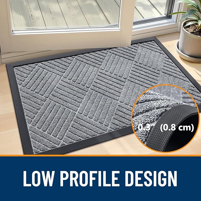 OLANLY Front Door Mat Outside Entrance 33x21, Absorbent, Heavy Duty Sturdy Natural Rubber Doormat Indoor Outdoor, Stain Fade Resistant, Non-Slip Low Profile Floor Mat Entryway, Charcoal Gray Diamond