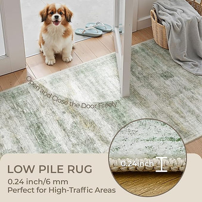 Long Hallway Runner Rug- Carpet Runners for Hallway 12ft, Anti Slip Backing Washable Rug Runner for Entrance, Living Room, Soft Low Pile Modern Rug Runner(2'x12', Green/Yellow/Ivory)