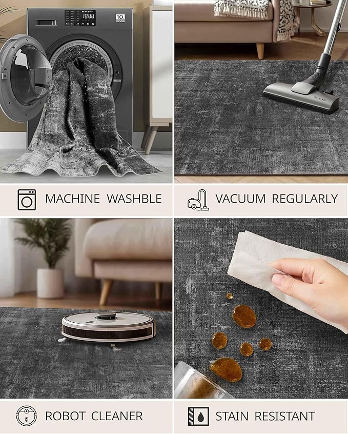 Latte&Fog 6x9 Area Rugs for Living Room Bedroom, Black Modern Abstract Neutral Washable Rug, Boho Non Slip Low Pile Carpet for Dining Room, Dorm,Classroom,College Dorm, Farmhouse and Kids Room - Black