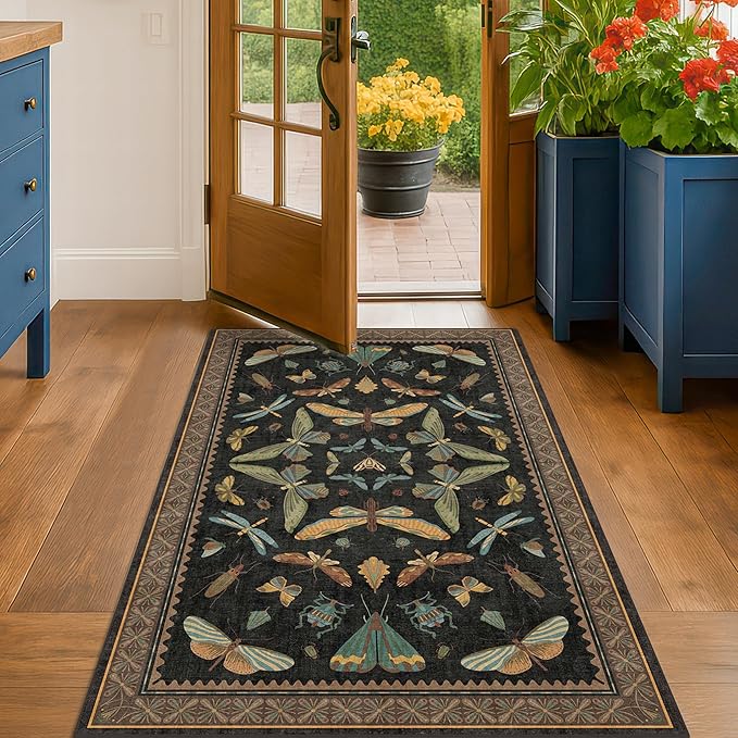 Hazo Haus Black Front Door Mat Indoor Entrance Non Slip Washable - 3x4 Throw Rug for Kitchen, Mudroom, Bedroom Bedside, Insect Boho Vintage Aesthetic Décor