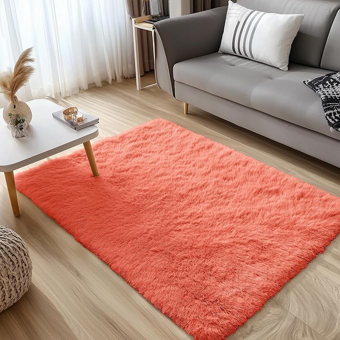 OLANLY 3x5 Machine Washable Small Bedside Rug, Soft Fluffy Shaggy Rugs for Living Room, Bedroom, Indoor Floor Carpet for Kids Girls and Boys, Preppy Dorms, Nursery, Home Decor Aesthetic, Coral Red