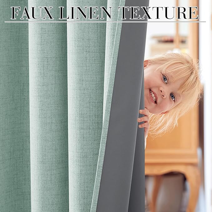 RYB HOME 100% Blackout Linen Textured Curtains 96 inches Long, Thermal Insulating Privacy Energy Saving for Bedroom Living Room Window Office Theater Baby Nursery, W 52 x L 96 in, Aqua, 2 Panels