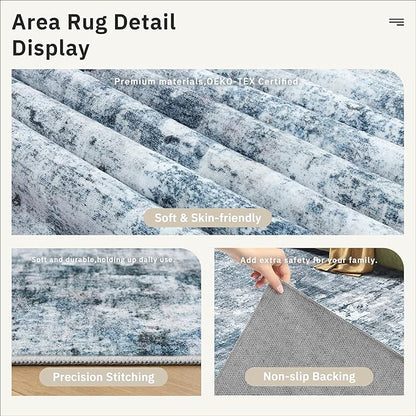 8x8 Blue/Grey Round Rug 8ft Living Room Circle Rug Vintage Round Area Rug Non Slip Indoor Carpet for Apartment