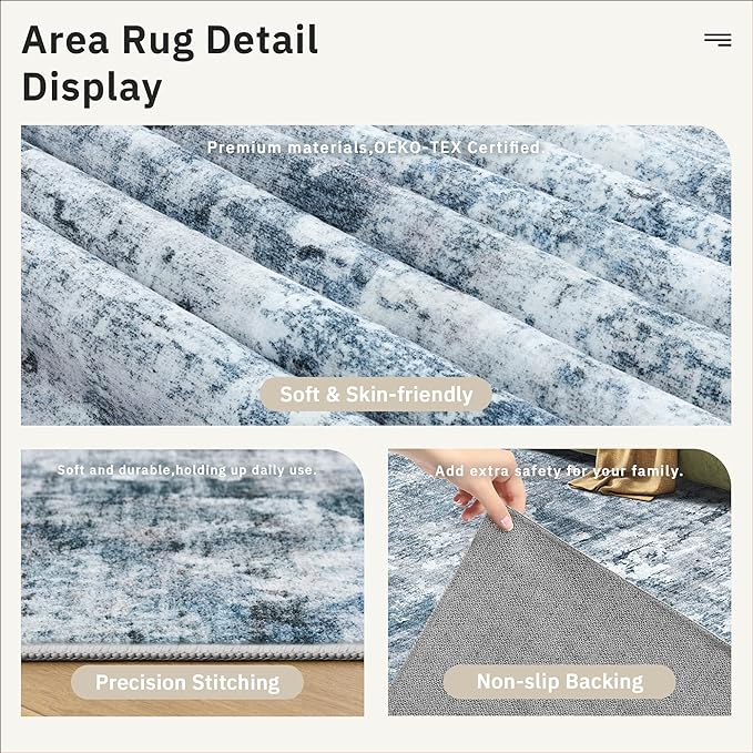 3x4 Rug, Small Area Rug for Kitchen, Entryway, Machine Washable Non-Slip Throw Rug, Vintage Carpet for Nursery Coffee Table Blue/Grey
