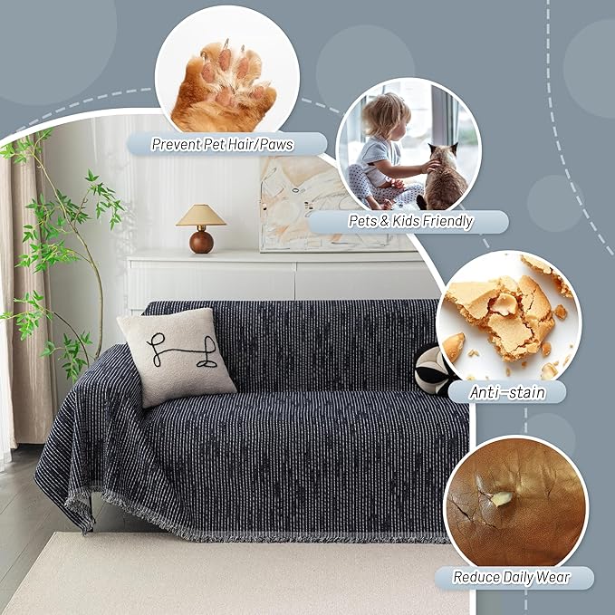 MYSKY HOME Loveseat Cover Navy Couch Cover Sectional Couch Covers for 2 Cushion Couch Sofa Thick Universal Chenille Sofa Cover with Tassel Durable Furniture Protector for Dogs 91" x 118"