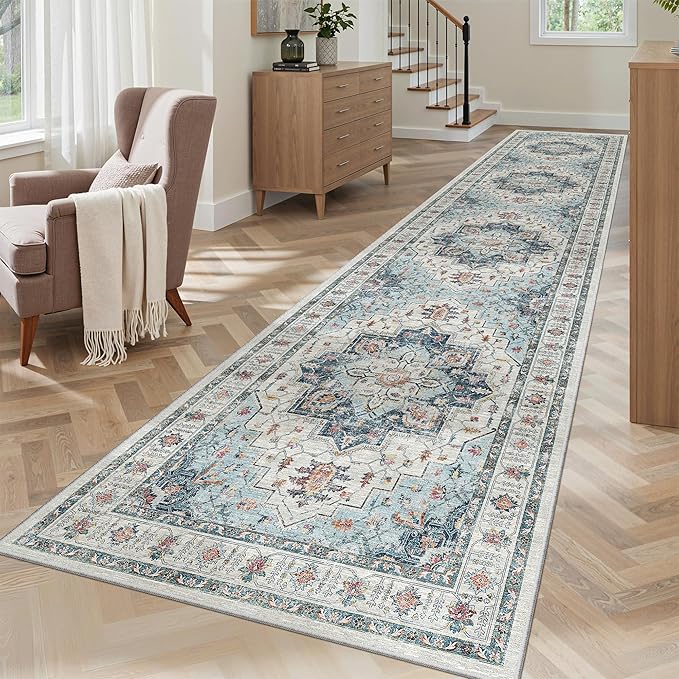 Madane Hallway Runner Rug 2'6''x12' Kitchen Runner, Non Slip Vintage Runners for Hallways Washable Kitchen Rugs Soft Low Pile 2.5x12 ft Rug Runner for Laundry Room, Entryway and Bedroom, Blue