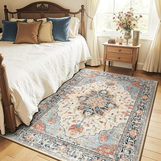 Area Rugs 4'x5' Washable Non-Slip, Floral Vintage Distress Print Pattern Medallion Carpet for Living Room Bedroom Dining Room, Beige Navy Blue Orange Colorful