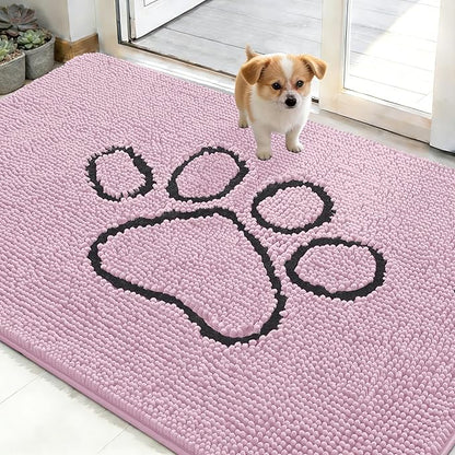 OLANLY Dog Door Mat for Muddy Paws 48x30, Paw Print Design, Absorbs Moisture and Dirt, Non-Slip Washable Doormat, Quick Dry Chenille Mud Mat for Dogs, Entry Indoor Entryway Carpet, Dusty Rose