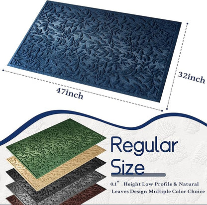 Blue Leaves Outdoor Indoor Entrance Door mat, Absorbent Durable Heavy Duty Welcome Front Door Mat,Thick Natural Rubber Back,Easy Clean Entryway Mat 47x32 Inch, Low Profile