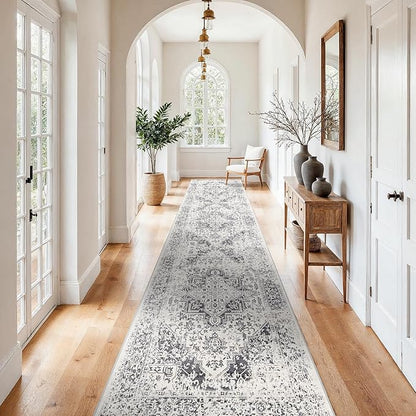 3x15 Washable Hallway Runner Rug - Vintage Kitchen Runners Low Pile Carpet Soft Thin Floor Runner with Rubber Backing for Entryway Living Room Home Decor (Distessed Grey)