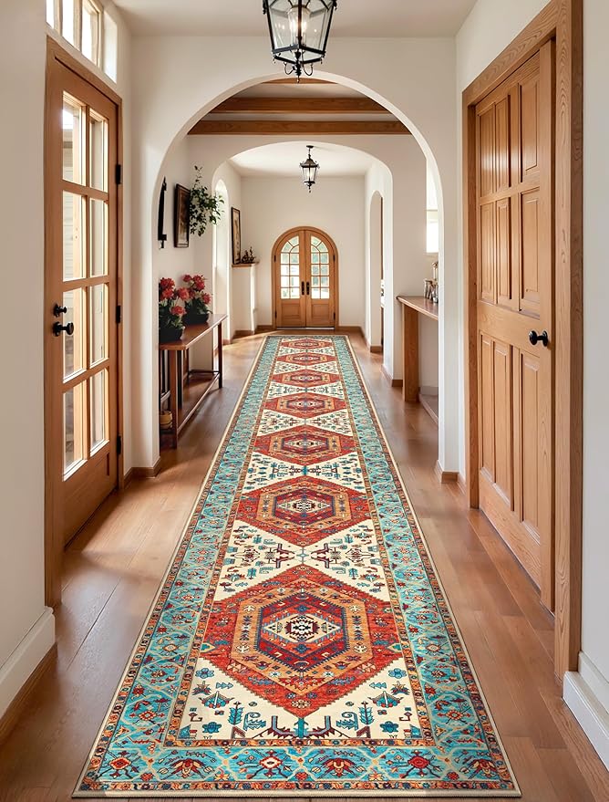 SERISSA Runner Rug for Hallways, 2'6"x18' Washable Non Slip Kitchen Runner Rug, Extra Long Boho Rug Ultra Soft Vintage Orange Print Floor Carpet for Hallway Living Room Dining Room Bedroom