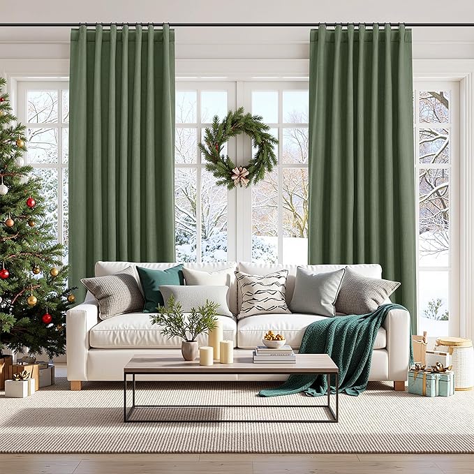 Guken Olive Green 100% Blackout Curtains 96 Inch Length 2 Panels Set for Living Room Bedroom Back Tab Thermal Insulated Black Out Linen Drapes Room Darkening Window Curtains 96 Inches Long