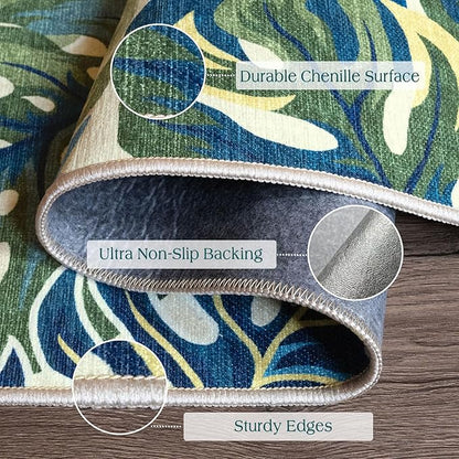 Boho Outdoor Rug - 28" x 43" Front Door Mat Indoor Outside Entrance Non-Slip Washable Outdoor Mat Tropical Green Blue Leaf Rug for Entryway Kitchen Bedroom Layered Doormat for Front Porch