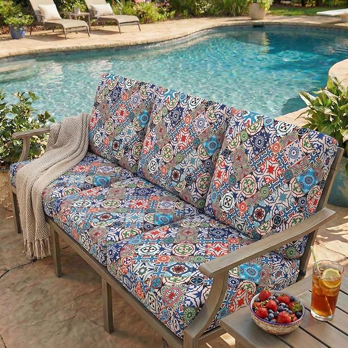 hyha Printed Couch Cushion Covers, Floral Sofa Covers Washable for 2 Cushion Couch, Stretch Pattern Outdoor Cushion Covers for Patio Furniture with Elastic Bottom(Medium, Patchwork Moroccan)