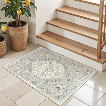 Entryway Rug - 2x3 Washable Rug Runner for Bathroom, Laundry Room, Kitchen, Soft Vintage Hallway Runner for Bedroom, Non-Slip Door Mat Indoor Entrance(Beige,2'x3')