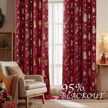 NICETOWN 2 Panels Christmas Red Curtains 52 x 84 Inch, Gold Foil Printed Rod Pocket Drapes, Xmas Theme Window Treatment for Holiday Home Decor, Set of 2 Christmas Style Curtain Panels