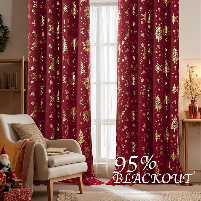 NICETOWN 2 Panels Red Christmas Curtains W42 x L63 in, Rod Pocket Gold Stamping Xmas Tree Printed Window Treatments for Bedroom, Living Room, Thermal & Privacy Draperies for Holiday Party Home Decor