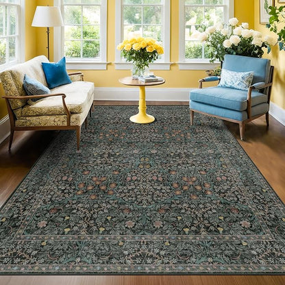 Washable Vintage 5x8 Living Room Rug, Dark Green Floral Area Rug for Bedroom Under Bed, Dining Room Under Small Dining Table, Office - Oriental Low Pile Non Slip & Stain Resistance (5x8 Dark Green)