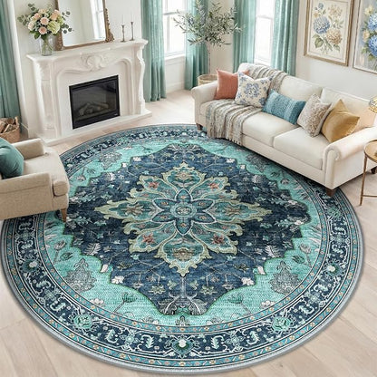 RELEANY Area Rugs 8ft Washable Non-Slip, Floral Vintage Distress Print Pattern Medallion Carpet for Living Room Bedroom Dining Room, Teal Green Lake Blue Turquoise