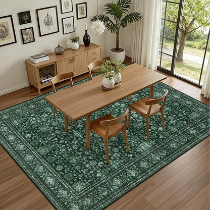 3x5 Area Rugs Living Room Rug: Washable Vintage Distressed Floral Rug No Slip Stain Resistant Soft Carpet Indoor Large Carpets for Bedroom Dining Room Farmhouse Nursery Home Office Deep Green