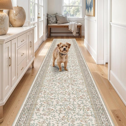 TOPRUUG 2x12 Washable Runner Rug - 12ft Runners for Hallway Non Slip Kitchen Rugs Soft Low Pile Carpet for Bedroom Bathroom Stain Resistant Vintage Floral Floor Mat Home Decor (Floral/Cream, 2X12)