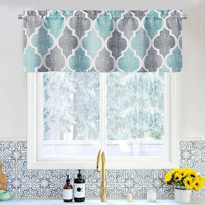 Beauoop Blackout Window Valances Curtains Geometric Quatrefoil Trellis Printed Room Darkening Thermal Insulated Rod Pocket Short Valance Curtains Cafe Bathroom, Spa/Gray, 50" W x 18" L, 1 Panel