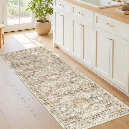 Washable Runner Rugs for Bedroom - 2x6 Runner Rug Non Slip, Ultra-Thin Entryway Runner, Soft Abstract Kitchen Runner for Hallway, Laundry, Bathroom, Indoor Door Mat(2'x6', Brown/Pink)