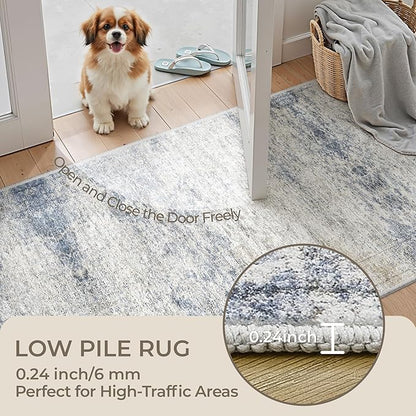 Washable Runner Rugs for Bedroom - 2x6 Runner Rug Non Slip, Ultra-Thin Entryway Runner, Soft Abstract Kitchen Runner for Hallway, Laundry, Indoor Door Mat(2'x6', Blue/Brown/Ivory)