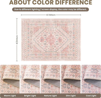 zesthome 8x12 Area Rugs for Girls Bedroom, Low Pile Machine Washable Rugs, Vintage Large Pink Rugs, Stain Resistant Nursery Room Rug, Baby Crawling Rug (Pink/Blue,8'x12')
