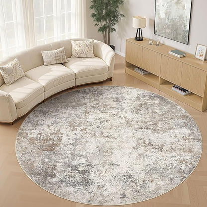 UERMEI 10ft Round Area Rug Living Room Rugs - 10x10 Washable Large Neutral Modern Abstract Soft Thin Rug Indoor Floor No Slip Rug Carpet for Bedroom Under Dining Table Home Office Decor - Brown Grey