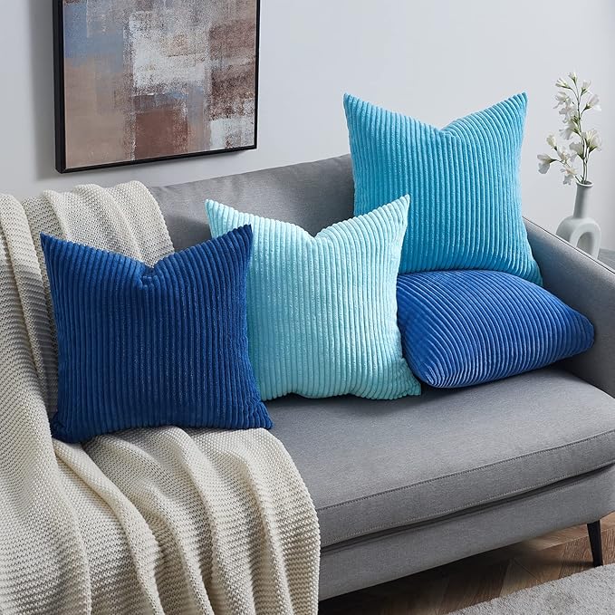 Topfinel Euro Shams Decorative Throw Pillow Covers 26x26 Inch Set of 4,Soft Accent Corduroy Striped Blue Gradient Color Large Cushion Cover for Beach,Patio,Balcony,Living Room,Summer Home Decor