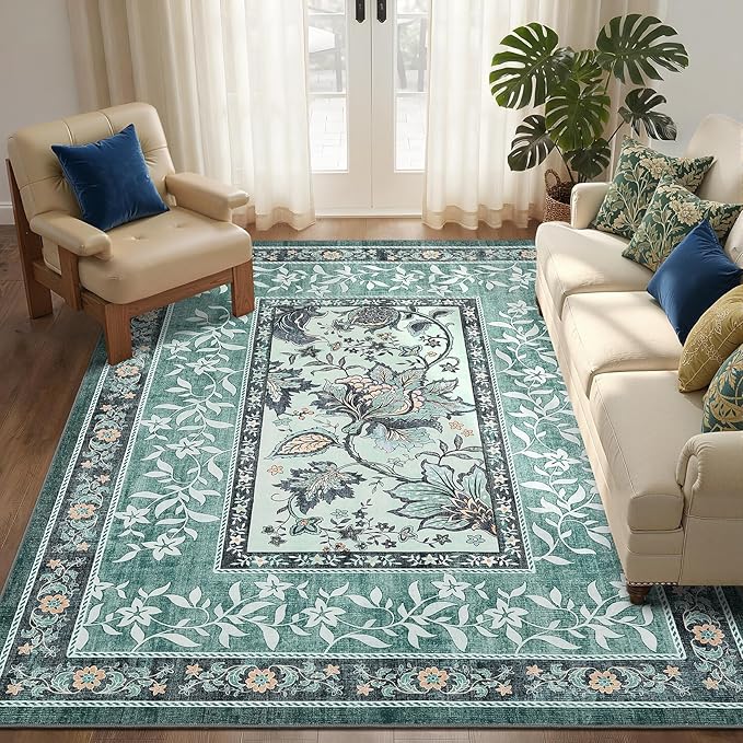 GarveeHome Teal Washable 5x7 Area Rugs, Botanical Grove Vintage Cottage core Non-Slip Rug for Bedroom Living Room Nursery Kitchen Low-Pile Retro Carpet