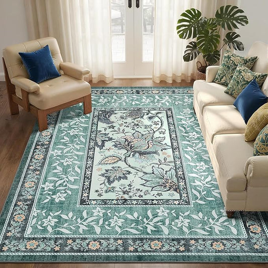 GarveeHome Teal Washable 5x7 Area Rugs, Botanical Grove Vintage Cottage core Non-Slip Rug for Bedroom Living Room Nursery Kitchen Low-Pile Retro Carpet