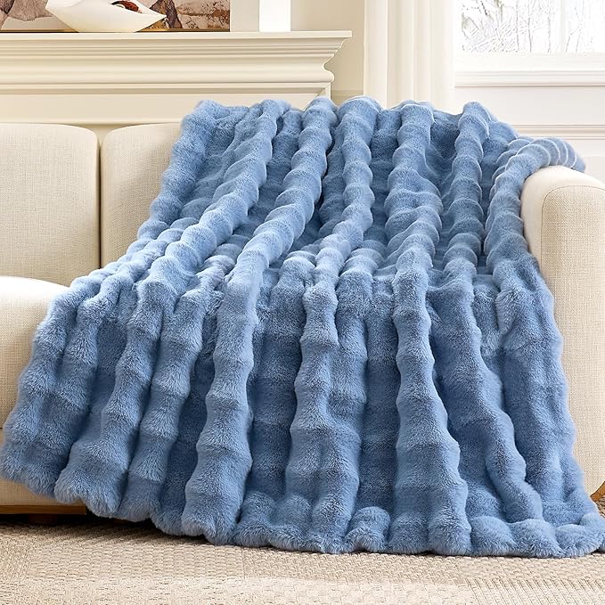 Cozy Bliss Faux Fur Bubble Throw Blanket for Couch, Fuzzy Soft Plush Thick Blanket for Sofa Bed Gift, 50x60 Inches Misty Blue