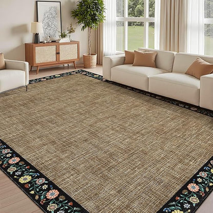 GarveeHome Washable Living Room Rug 9x12 Floral Bordered Area Rugs Soft Thin Indoor Carpet for Bedroom Modern Throw Aesthetic Mat Non Slip Stain Resistant Carpet for Dining Room Office, Brown
