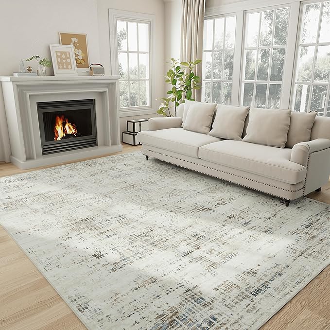 6x9 Area Rugs for Living Room Washable Rug: Anti-Skid Abstract Modern Living Room Rug Soft Thin Carpets Indoor Floor Non-Shedding Carpet for Bedroom Dining Farmhouse Nursery Gray White Blue