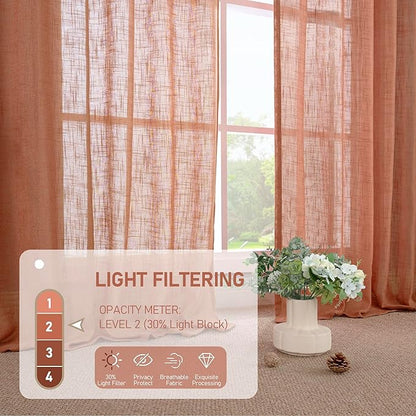 LAMIT Linen Semi Sheer Curtains 96 inches Long 2 Panels Set, Light Filtering Panels Back Tab and Rod Pocket Floor to Ceiling Curtains for Bedroom/Living Room, Terracotta, 52 x 96 Inch