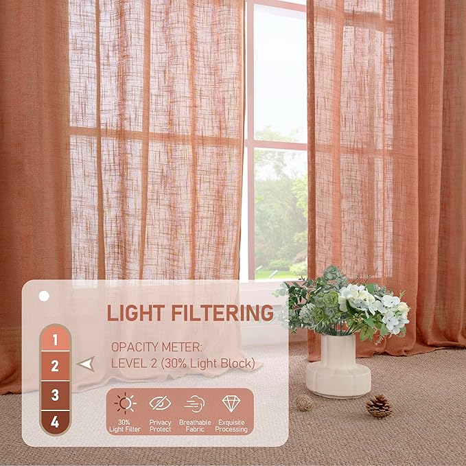LAMIT Terracotta Linen Curtains for Living Room 84 inch Length 2 Panels, Light Filtering Semi Sheer Panels Back Tab and Rod Pocket Boho Drapes for Bedroom/Farmhouse, 38 x 84 Inch