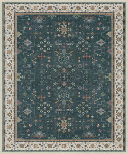 Hazo Haus Dark Green Oushak Living Room Rug 10x12 - Modern Vintage Boho Eclectic Floral Pastel, Washable Low Pile Non-Slip Extra Large Area Rugs for Dining Under Table Bedroom Lounge
