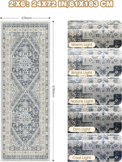 Runner Rug 2x6, Ultra-Thin Entryway Rug Non Slip Washable Rugs for Laundry Room, Runners for Hallways, Vintage Soft Rugs for Living Room, Kitchen, Bedroom(Blue/Beige,2'x6')