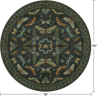 Dark Green Insect 6ft Round Washable Area Rug for Living Room - Non Skid Low Pile & Soft Carpet for Bedroom Beside Bed, Forest Butterfly Design Stain Resistant Home Décor